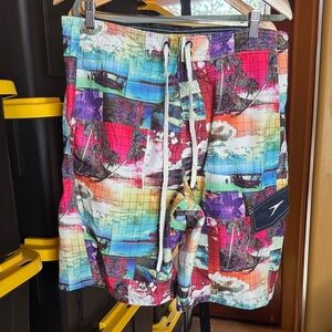 Speedo Multicolor Graphic Athletic Shorts 10" Volley Swim Trunks Size Large